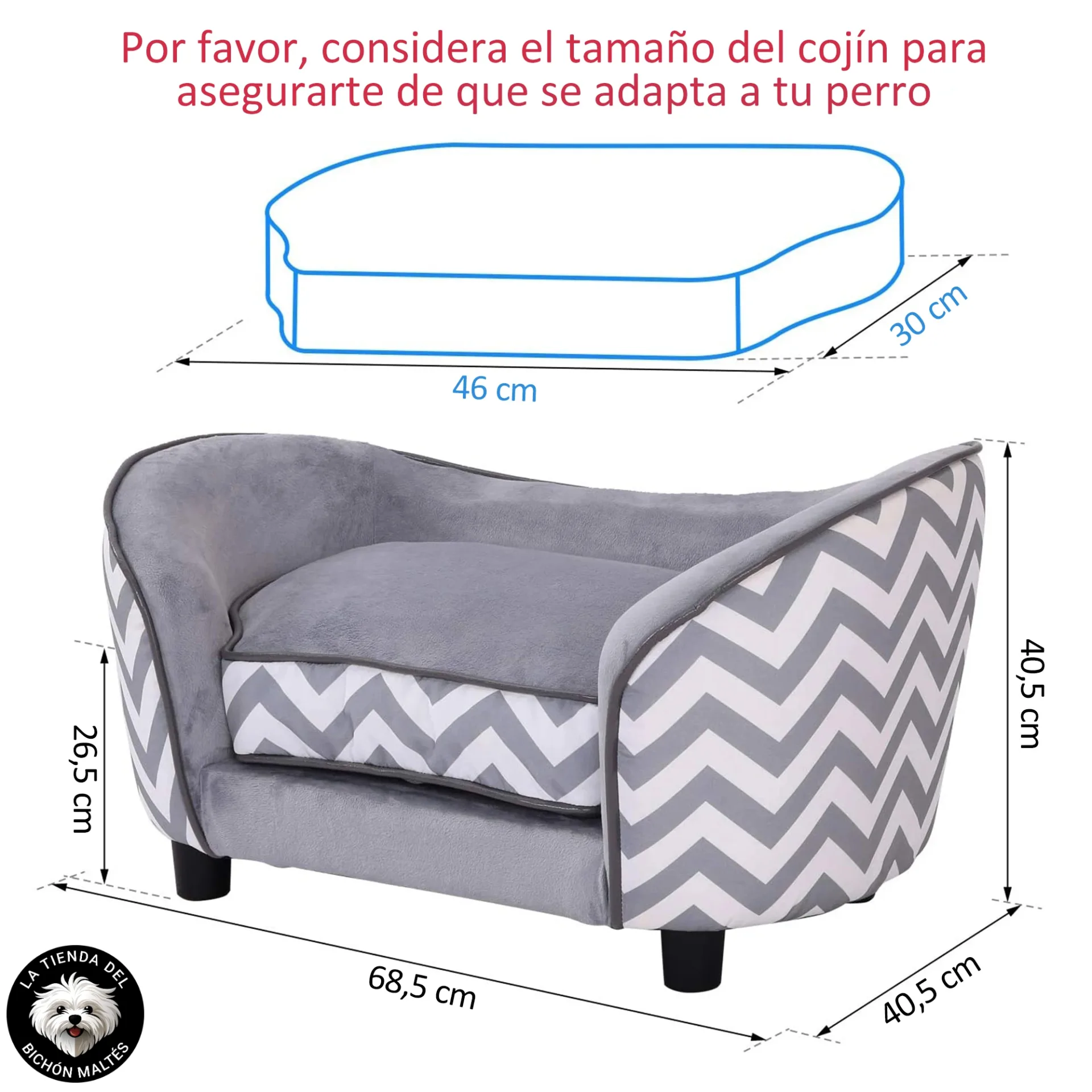 Sofá de Lujo para Perros Ergonómico Estilo Chevrón Blanco y Gris - Imagen 1