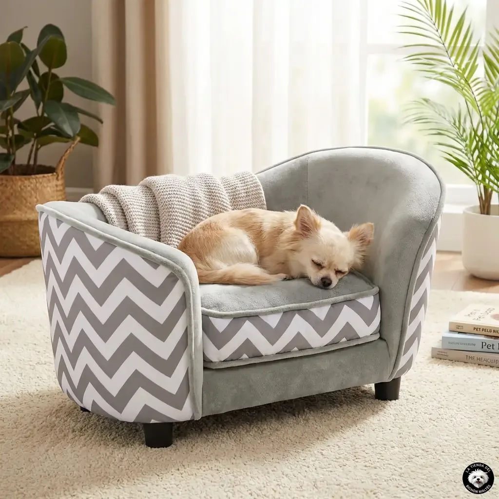 Sofá de Lujo para Perros Ergonómico Estilo Chevrón Blanco y Gris - Imagen 2