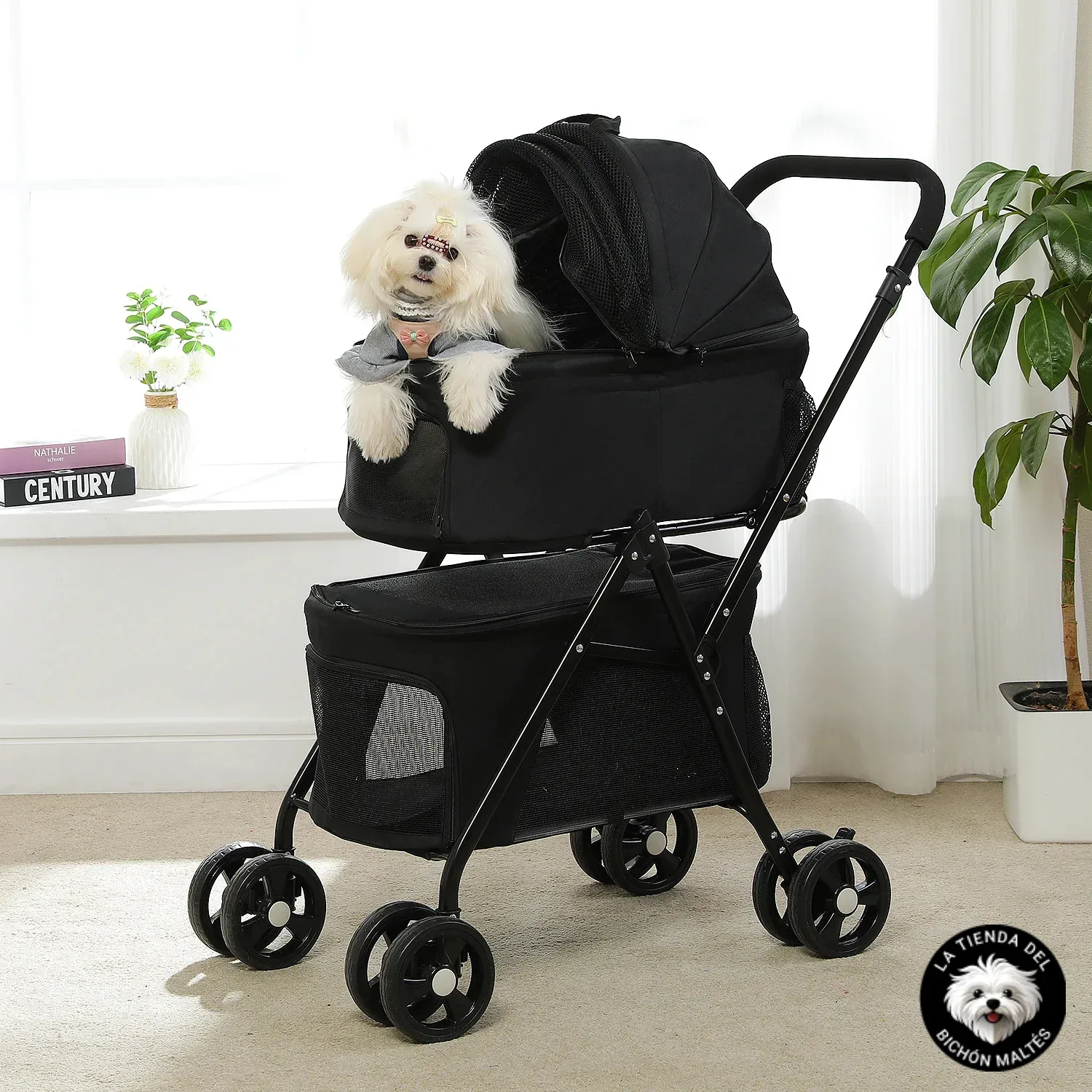 Negro Carrito Doble con Cesta Extraible para Malteses