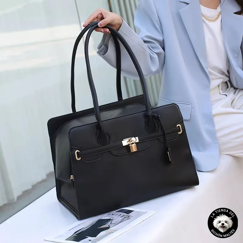 Bolso Elegante de Piel para Mascotas - Negro