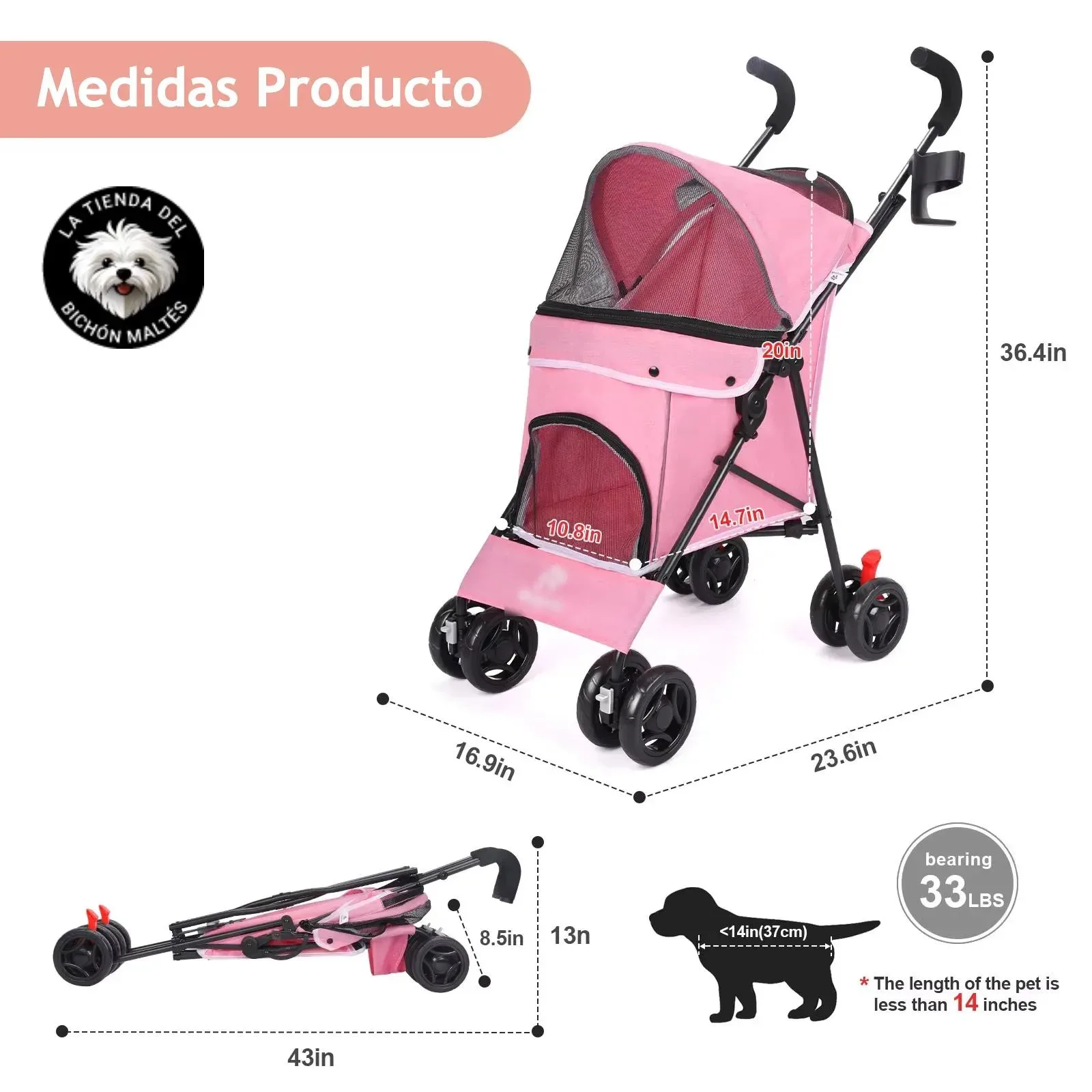Medidas del Producto - Cochecito para Perros Barato y Ligero