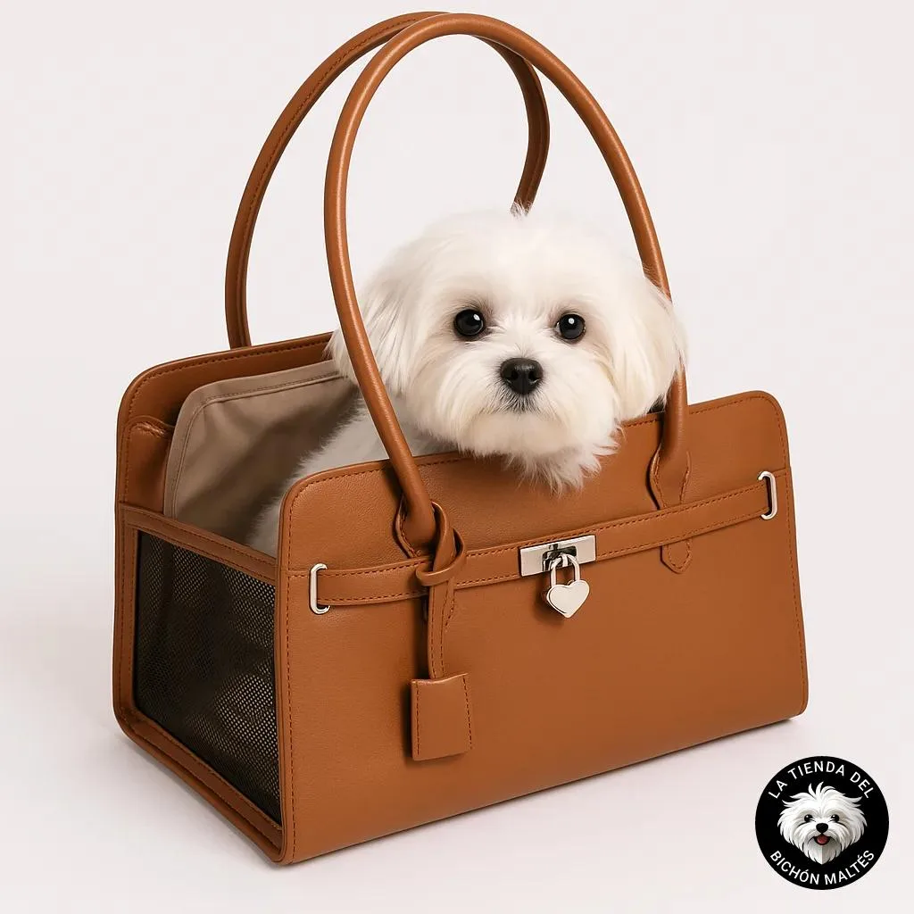 Bichón Maltés con bolso de transporte elegante talla única color beige