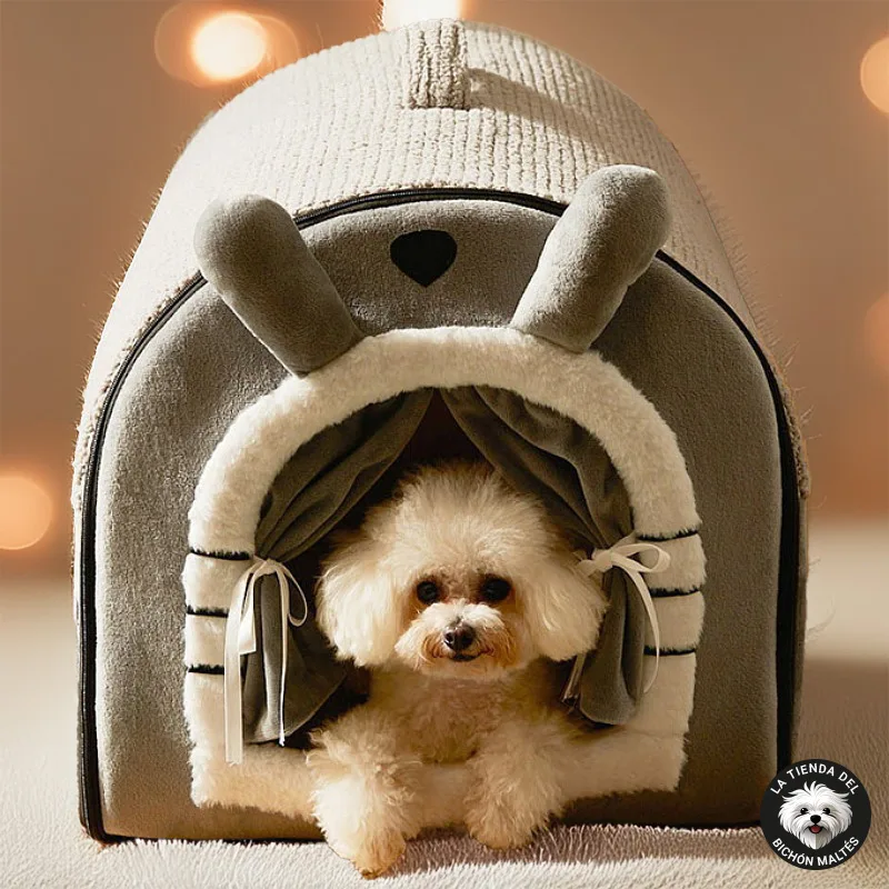 Cama Cueva Iglú para Bichón Maltés – Casita de Felpa Suave con Cortinas