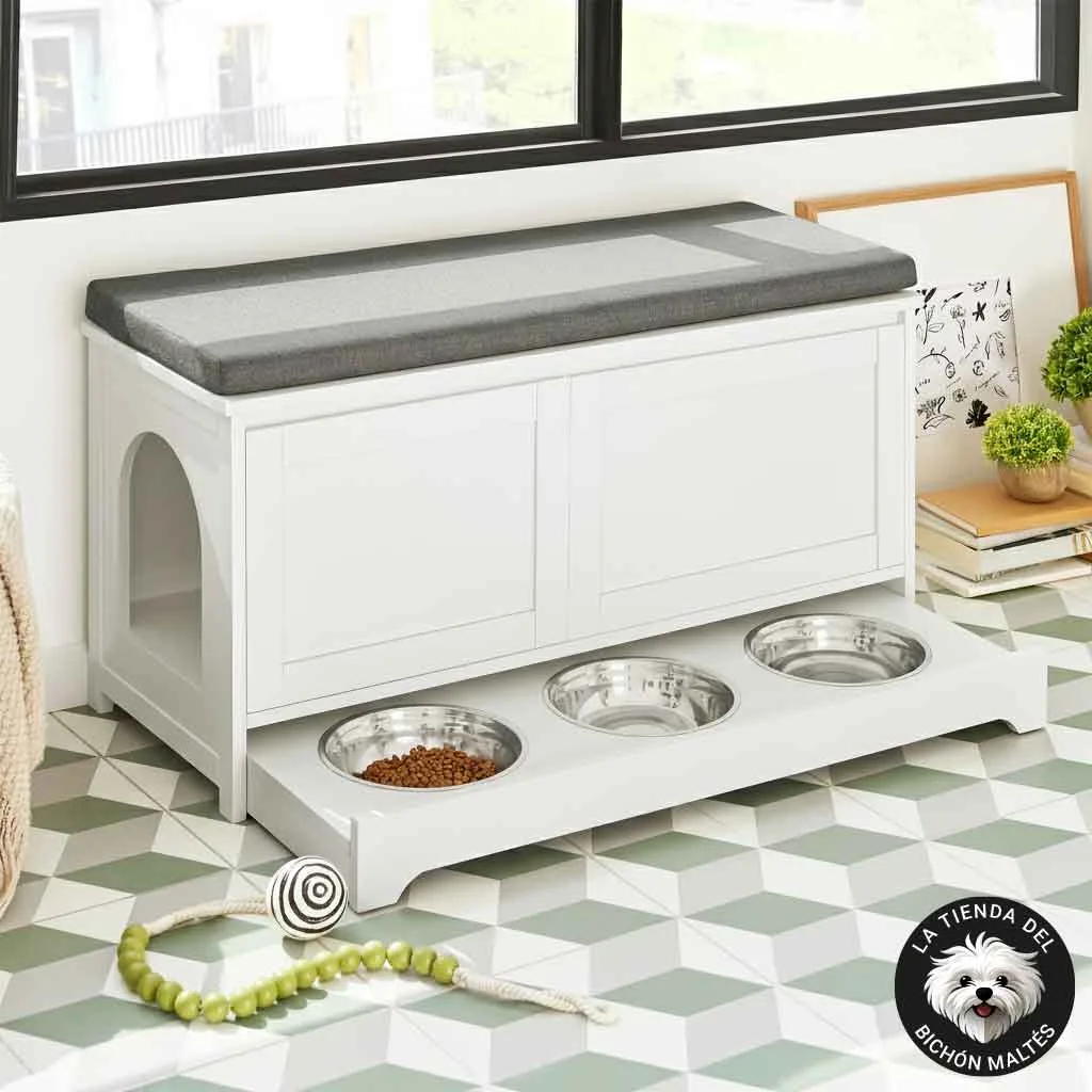 4x1 Banco para la Cocina, Casa para Perros Pequeños, Bandeja Retractil para Comedero y Armario