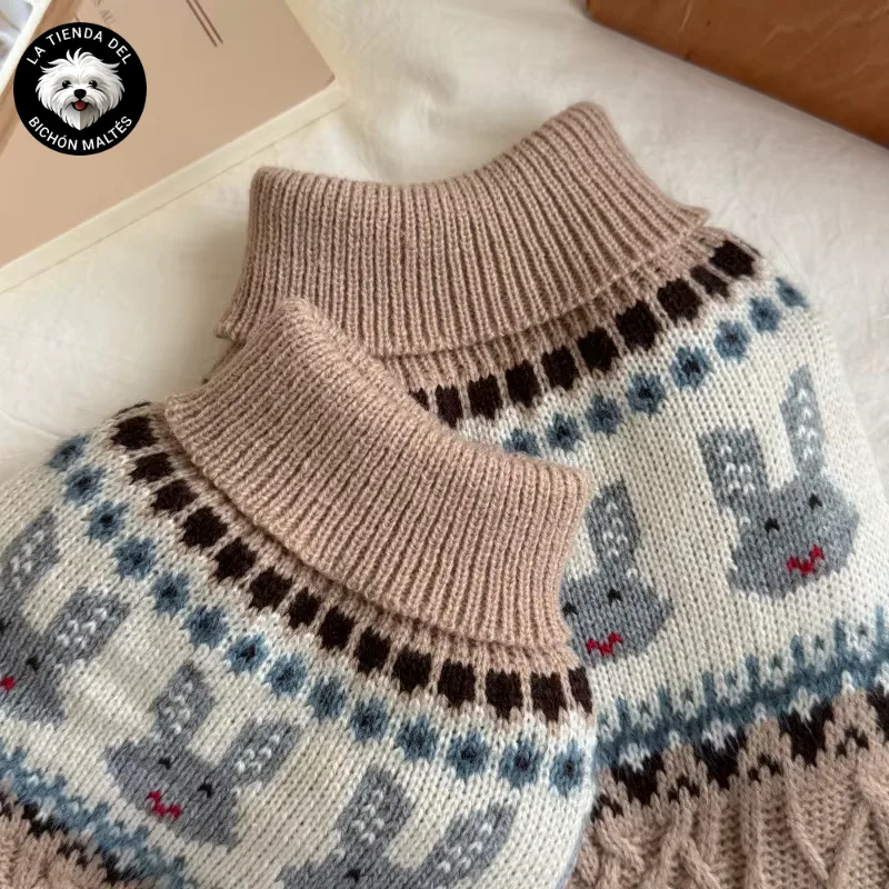 Suéter de Punto Trenzado con Estampado de Conejitos para perros pequeños