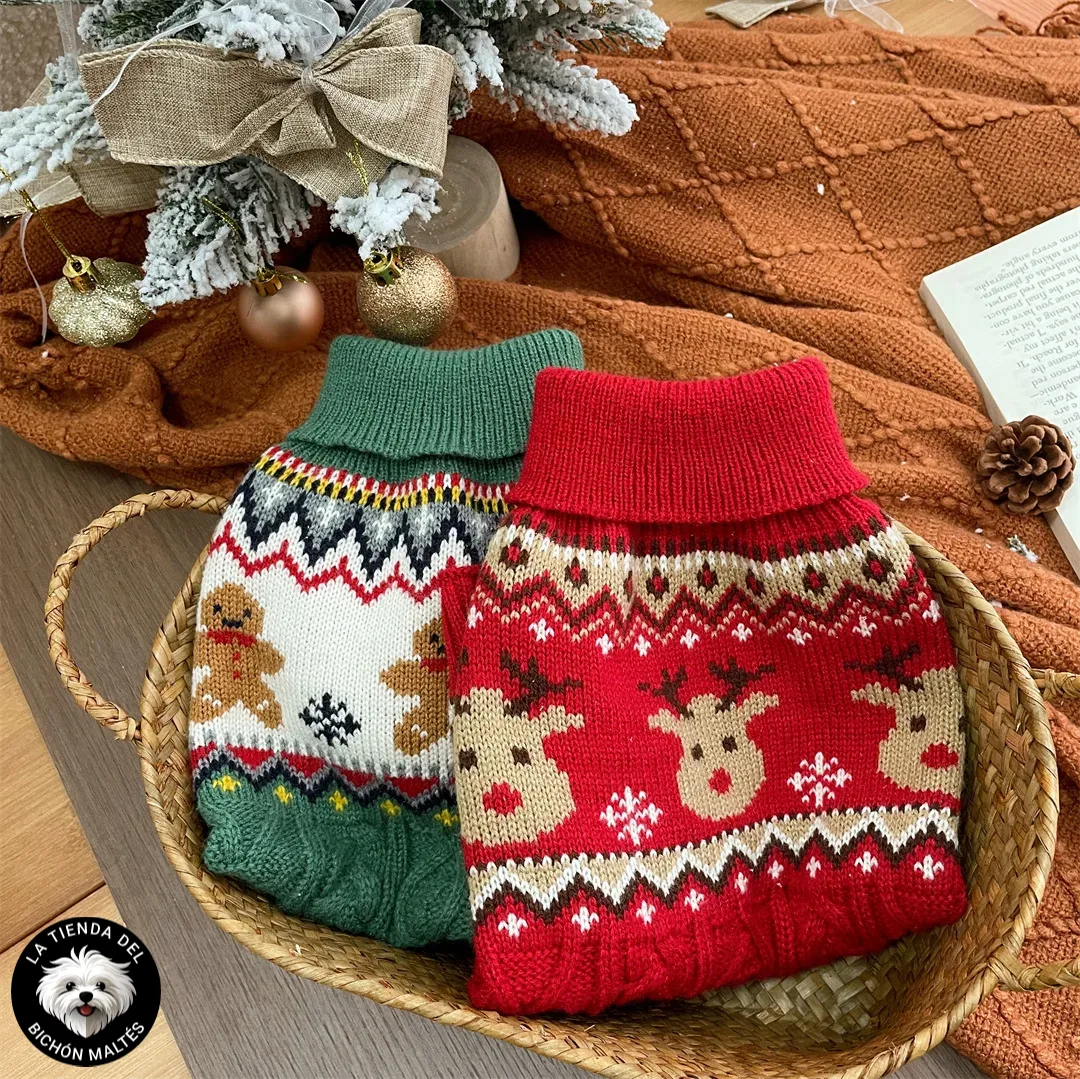 Suéter Navideño para Perros Pequeños de Punto Trenzado - Diseños Reno o Galleta de Jengibre
