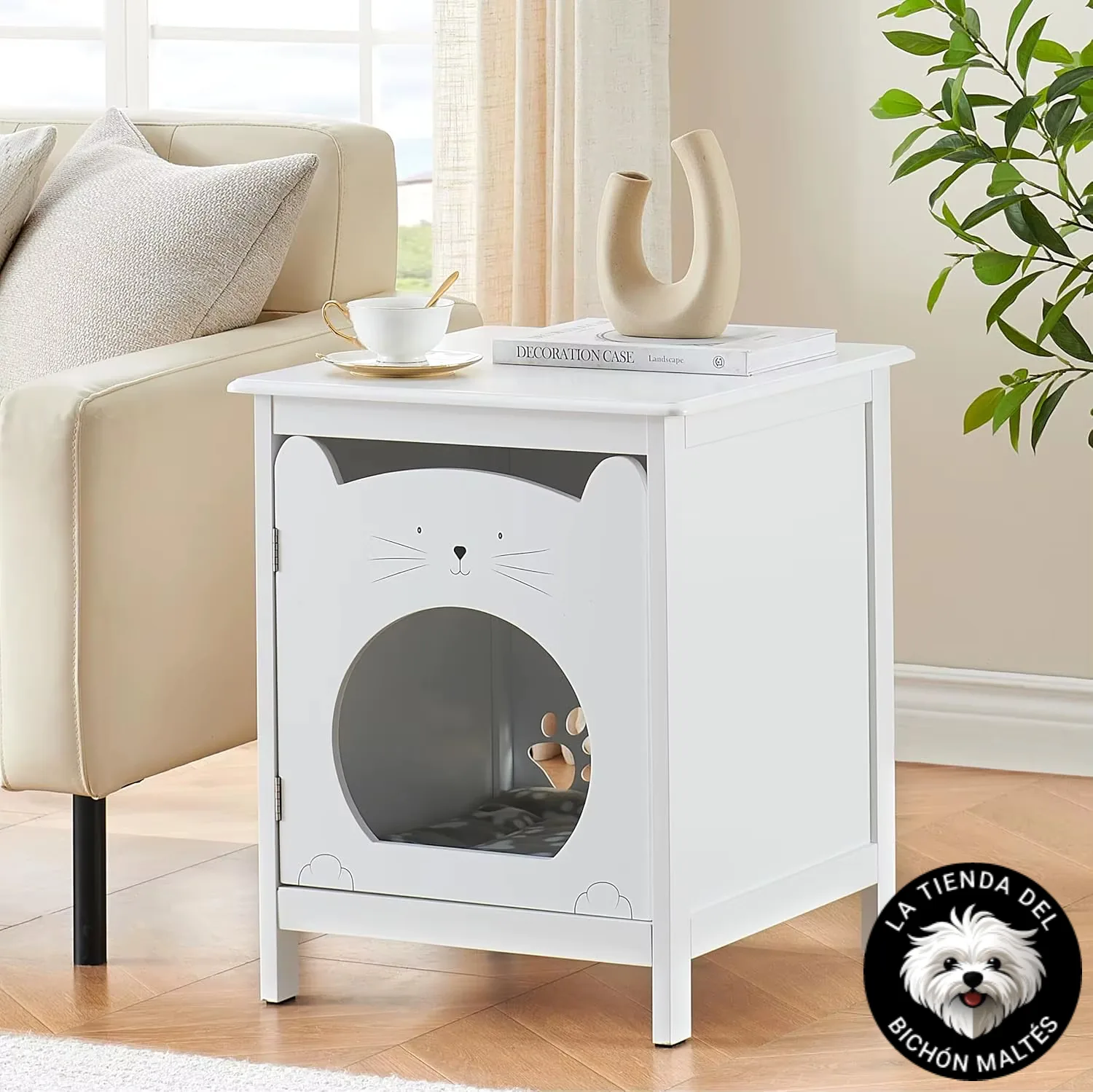 Mesita de Noche Blanca con Cama para Perros Pequeños Integrada