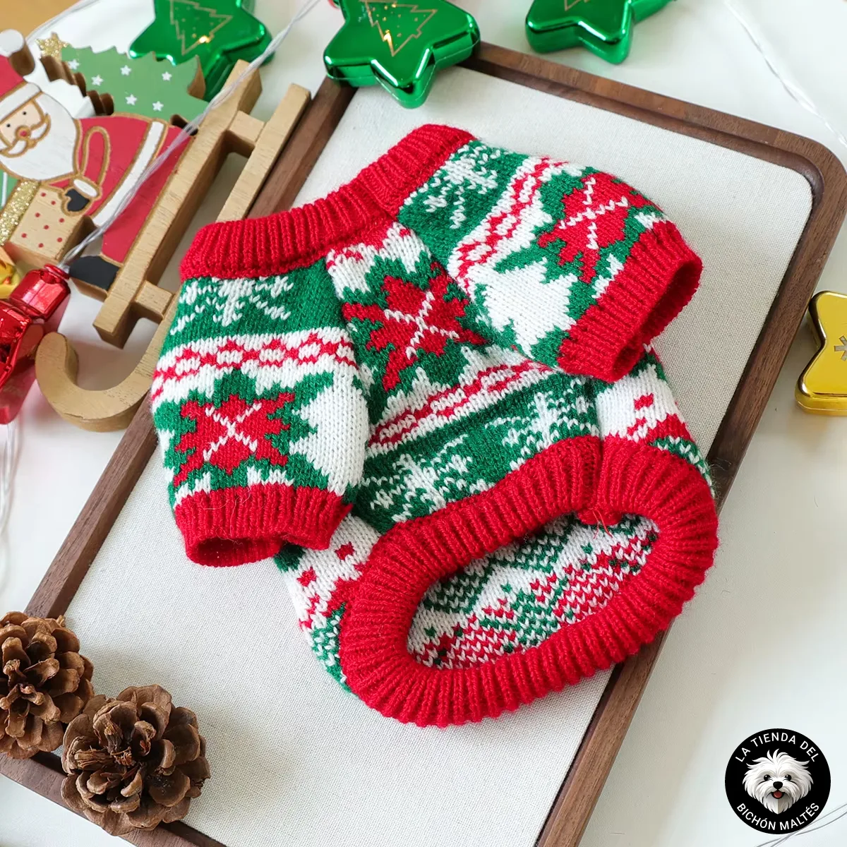 Jersey Navideño Tricolor para Bichón Maltés (Reno y Copos de Nieve)