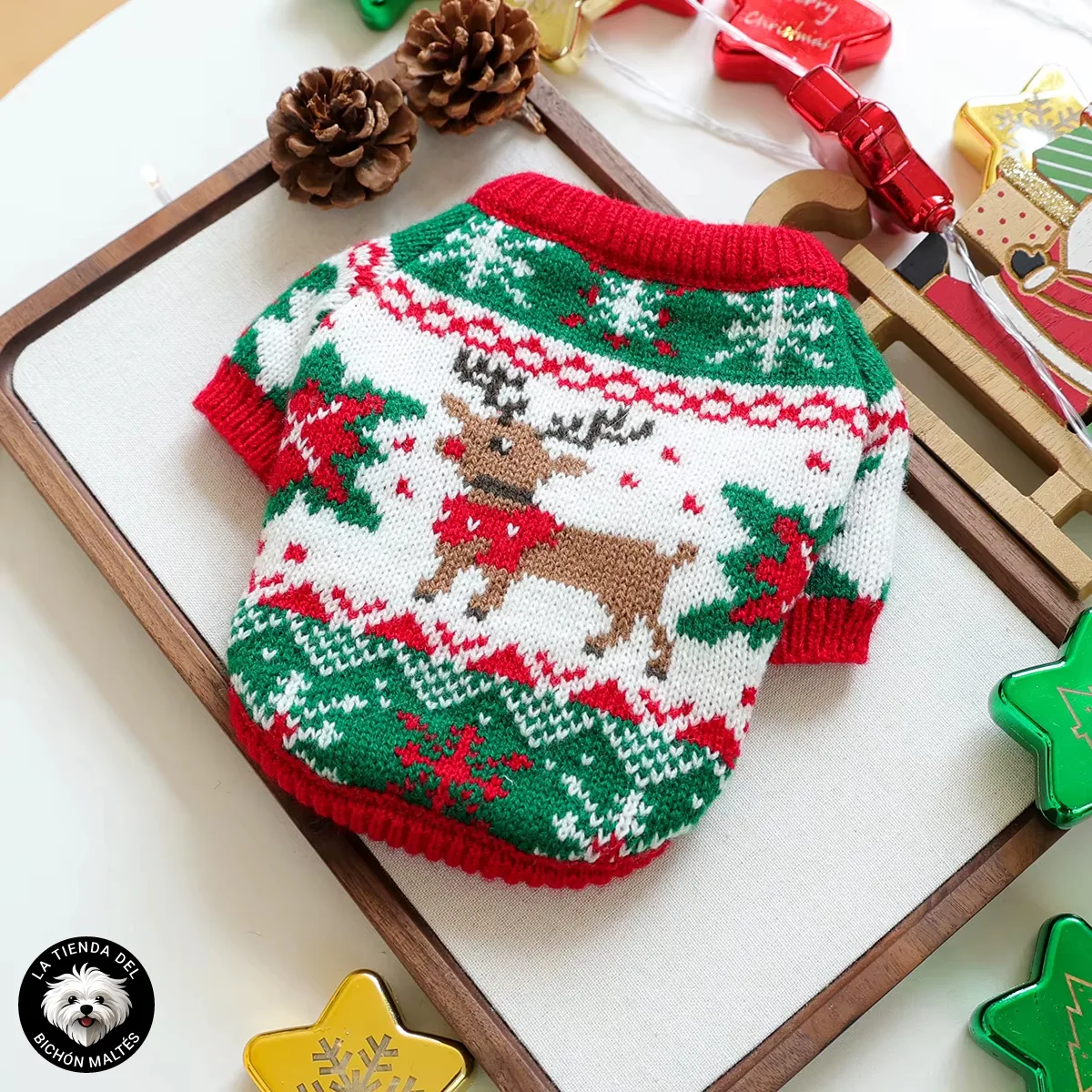 Jersey Navideño Tricolor para Bichón Maltés (Reno y Copos de Nieve)