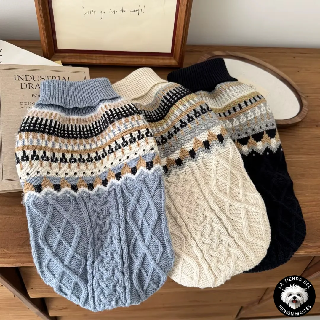 Jersey de Punto Geométrico para Perros Pequeños con Cuello Alto y Trenzado - Varios Colores