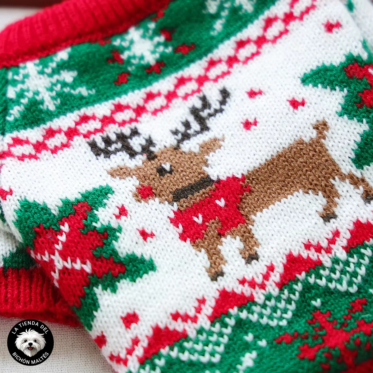 Jersey Navideño Tricolor para Bichón Maltés (Reno y Copos de Nieve)
