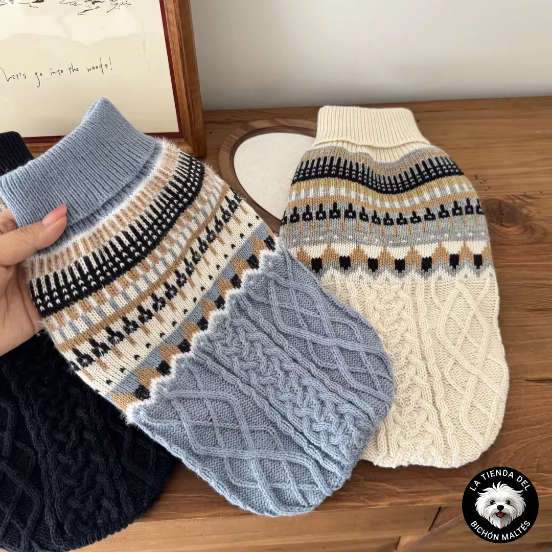 Jersey de Punto Geométrico para Perros Pequeños con Cuello Alto y Trenzado - Varios Colores