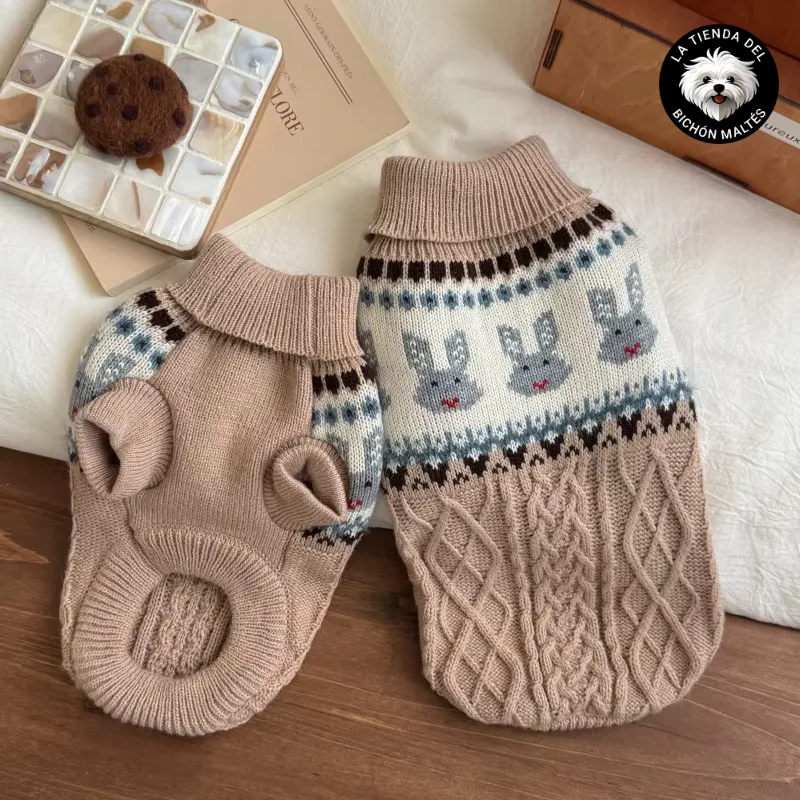 Suéter de Punto Trenzado con Estampado de Conejitos para perros pequeños